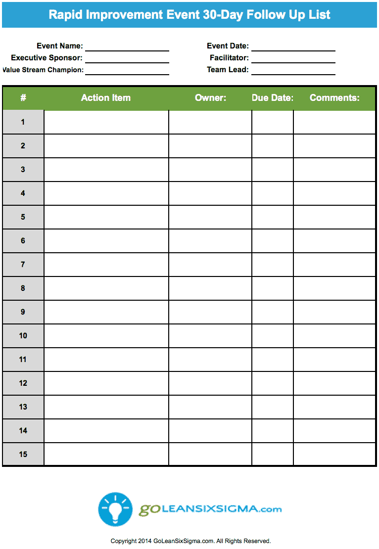 Rapid Improvement Event – 30-day Follow Up List | GoLeanSixSigma.com